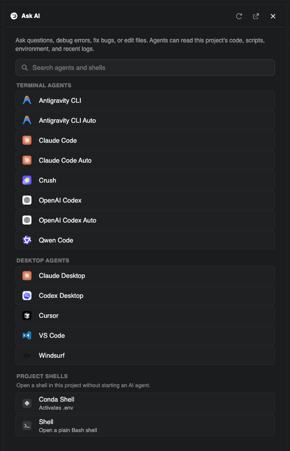 Ask AI drawer with terminal agents, desktop agents, and project shells