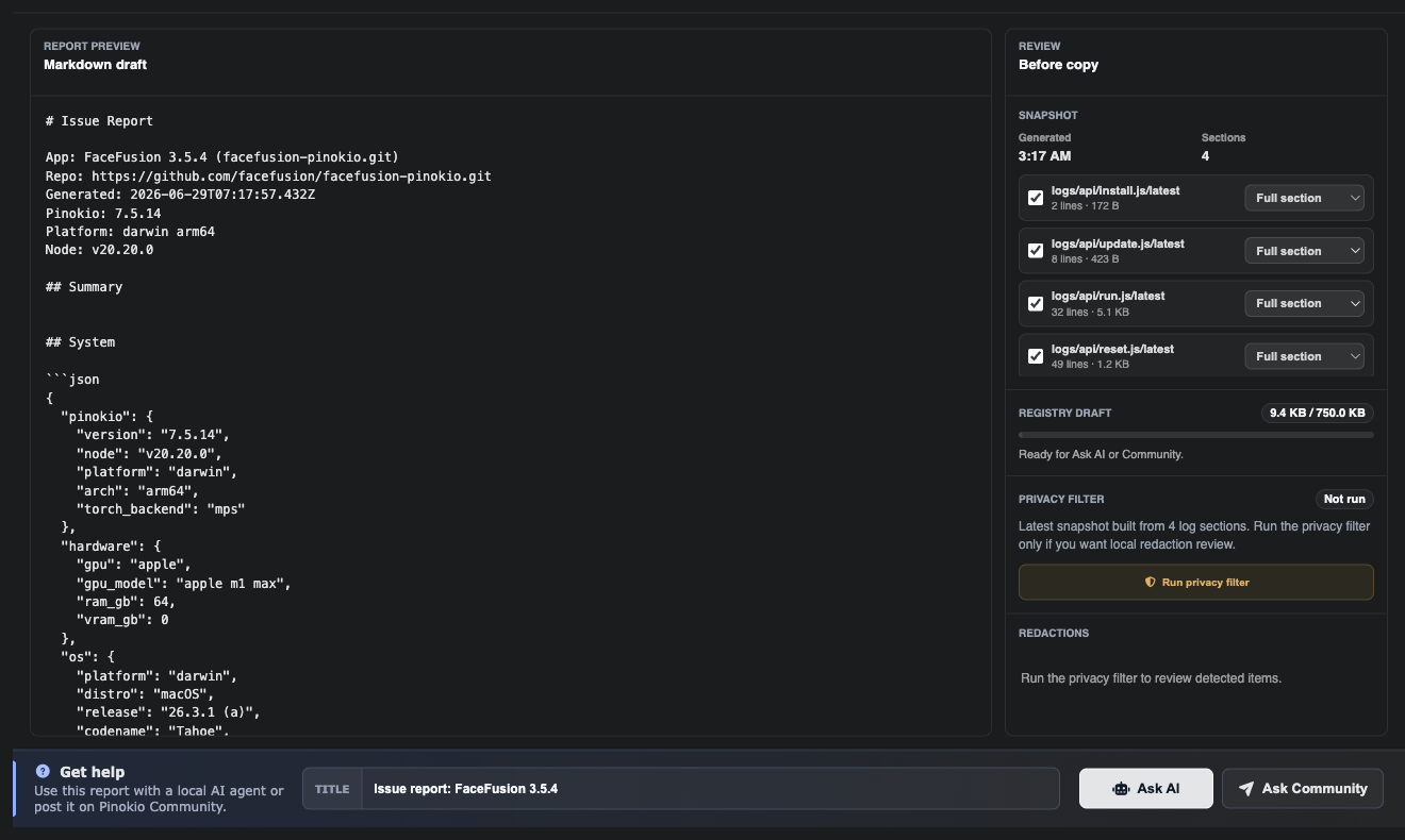 Logs page with generated issue report, review pane, privacy filter, and help actions