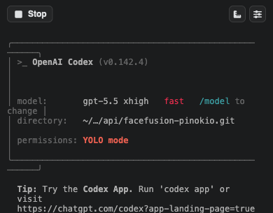 OpenAI Codex Auto running in the mobile terminal view