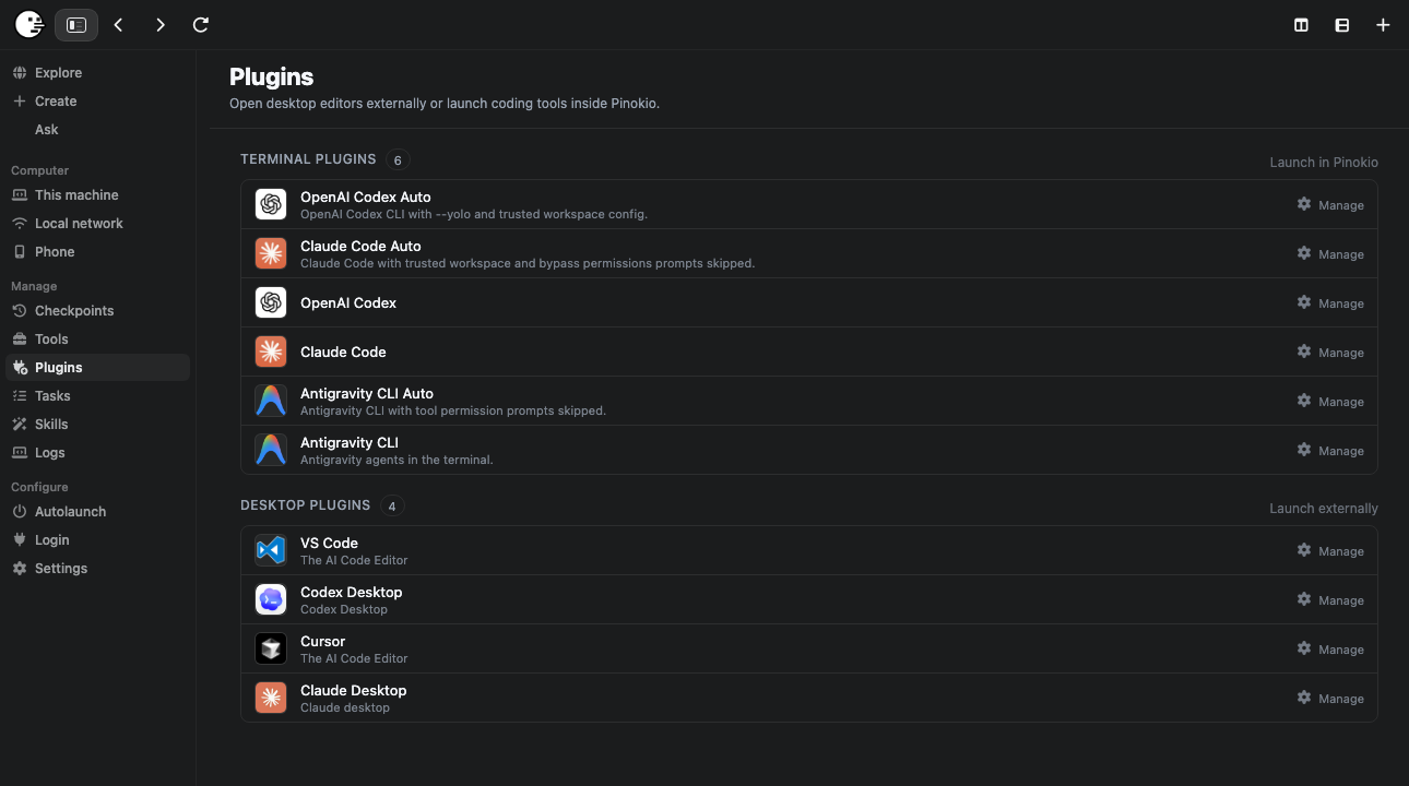 Plugins page with terminal and desktop tool groups