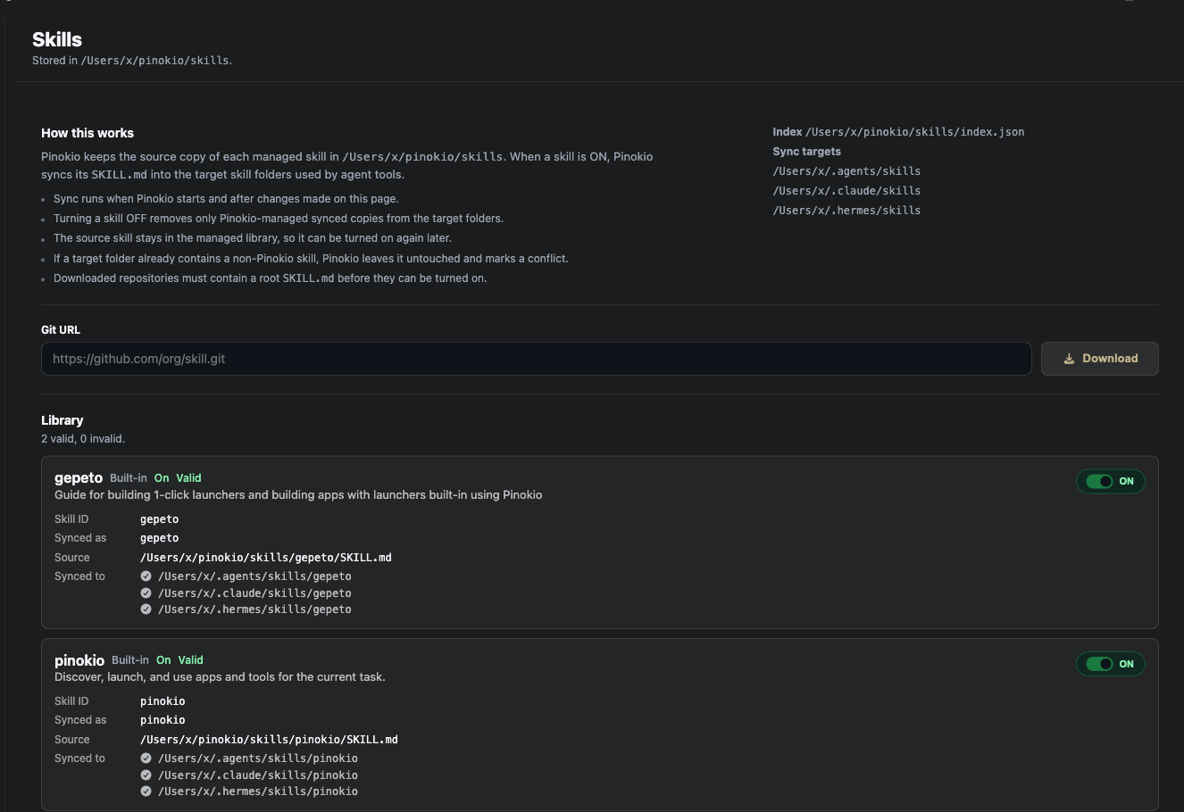 Managed skills page with sync targets and toggles